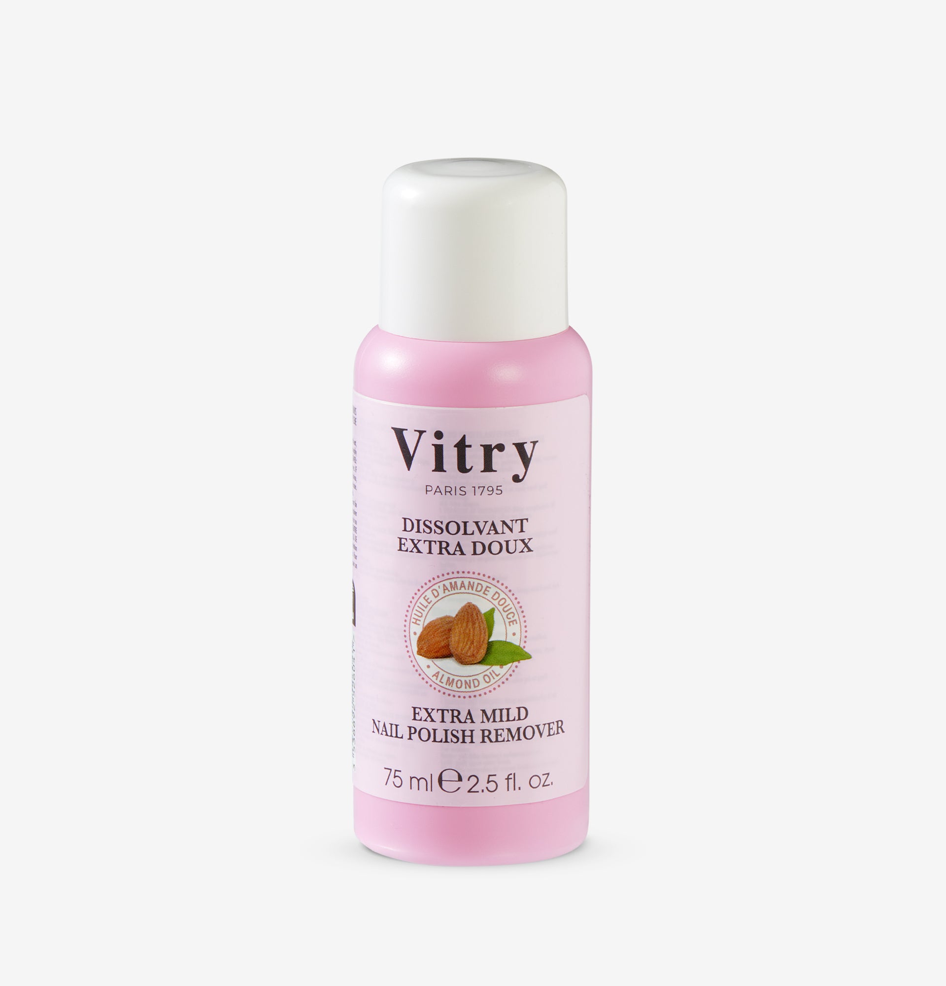 Flacon Dissolvant Extra Doux VITRY sans acétone enrichi en huile d’amande douce pour ongles nourris et protégés – réf. VDIS